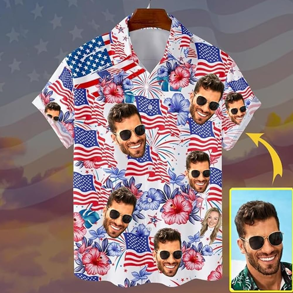 Custom Hawaiian Shirt with Faces, Tropical Floral Shirt Short Sleeve Button Down Beach Shirt, Custom Pet Hawaiian Shirt