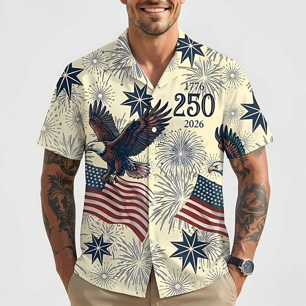 USA 250th Anniversary Hawaiian Shirt, Patriotic Eagle & Statue of Liberty 250 Years of Freedom Gift for Men V3