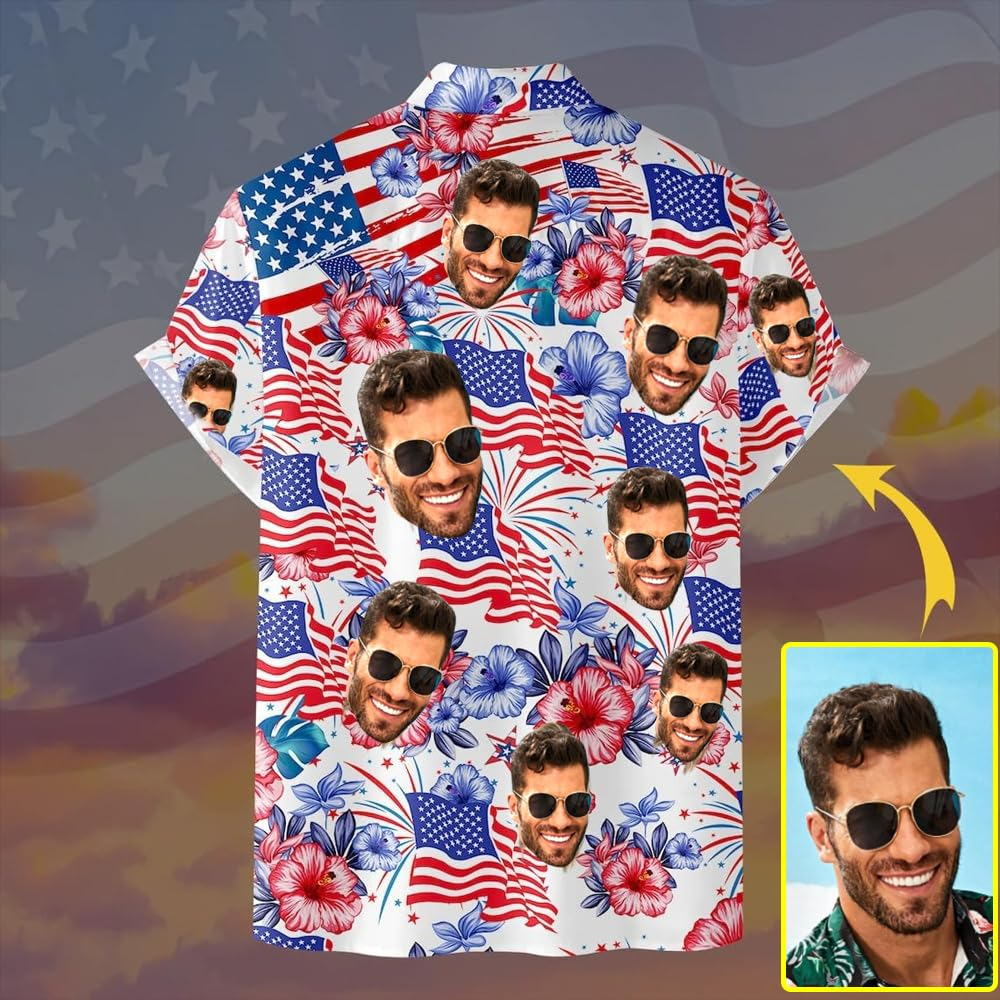 Custom Face Patriotic Short Sleeve Hawaiian Shirt, Personalized Photo Independence Day Hawaiian Shirt, Shirt for Men