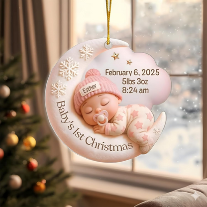 Personalized Baby’s First Christmas Ornament 2025 – Custom Name & Birth Stats Moon Design Keepsake Ornament