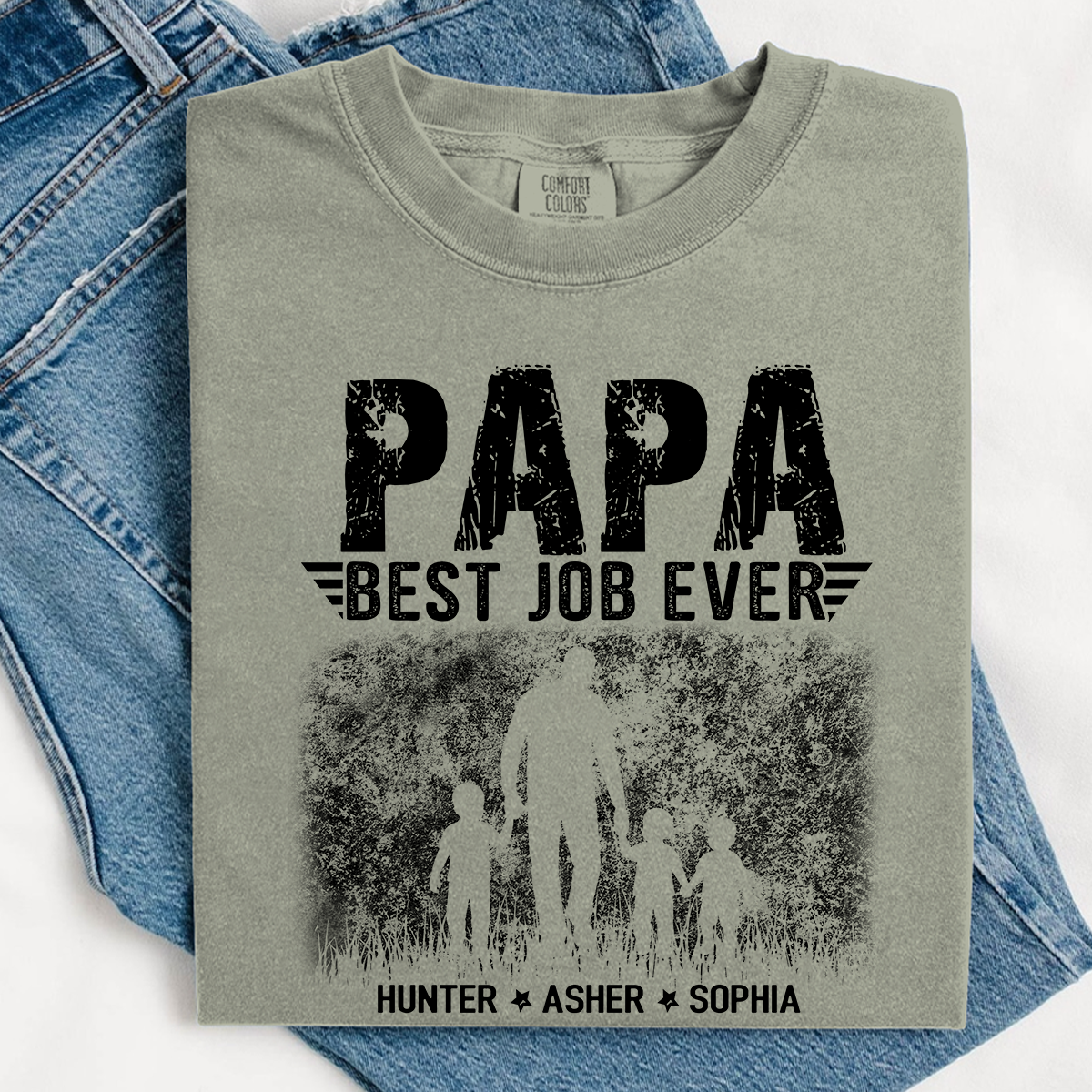 Papa Best Job Ever Shirt - Comfort Colors Custom Kids Names Tee - Father's Day Gift for Grandpa