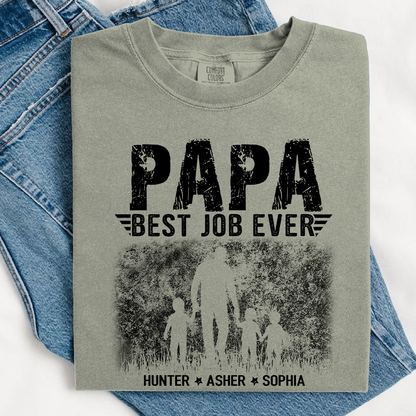 Papa Best Job Ever Shirt - Comfort Colors Custom Kids Names Tee - Father's Day Gift for Grandpa