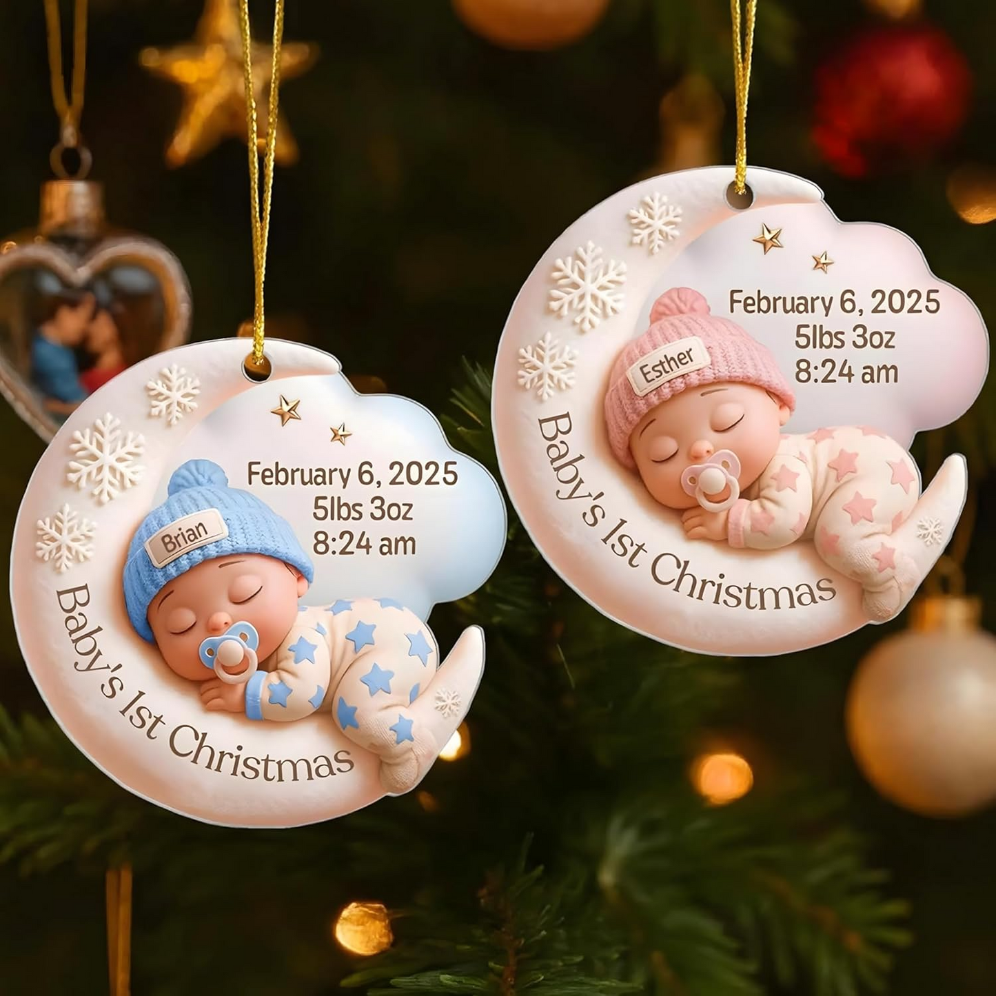 Personalized Baby’s First Christmas Ornament 2025 – Custom Name & Birth Stats Moon Design Keepsake Ornament
