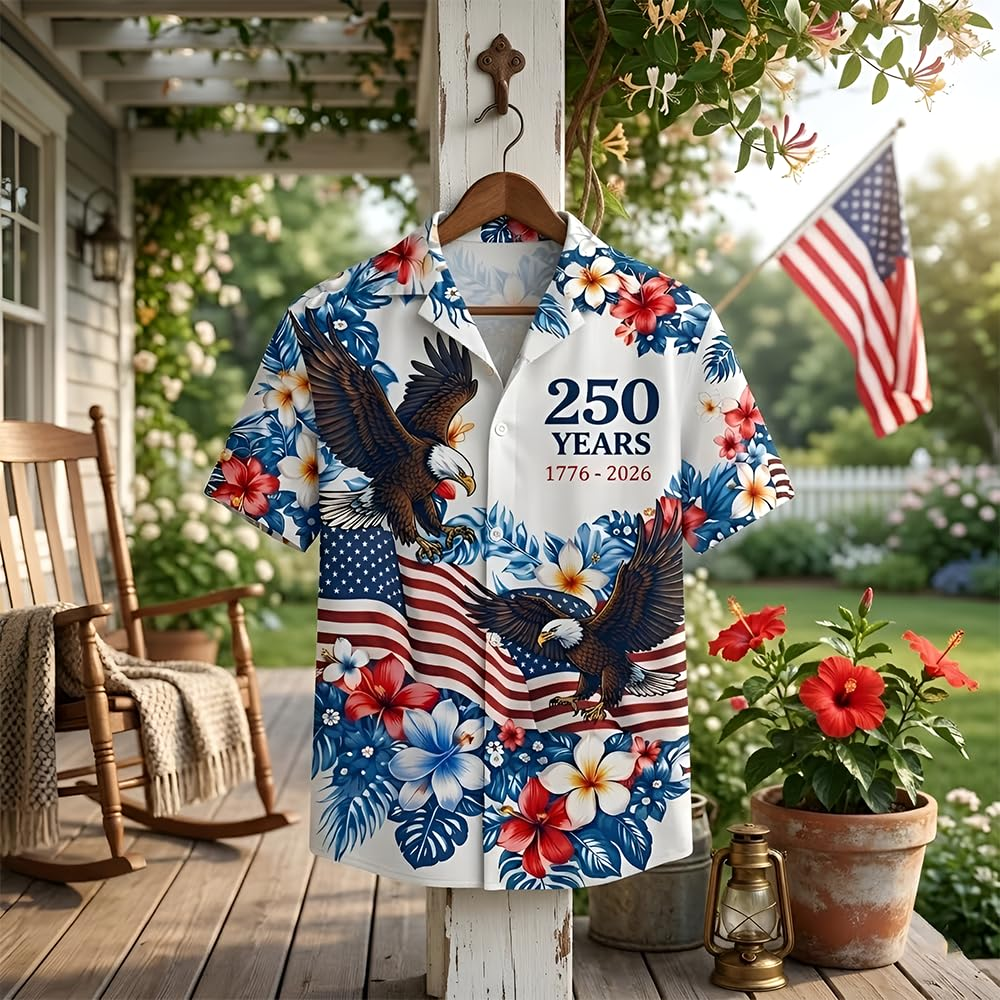 USA 250th Anniversary Hawaiian Shirt, Patriotic Eagle & Statue of Liberty 250 Years of Freedom Gift for Men V4