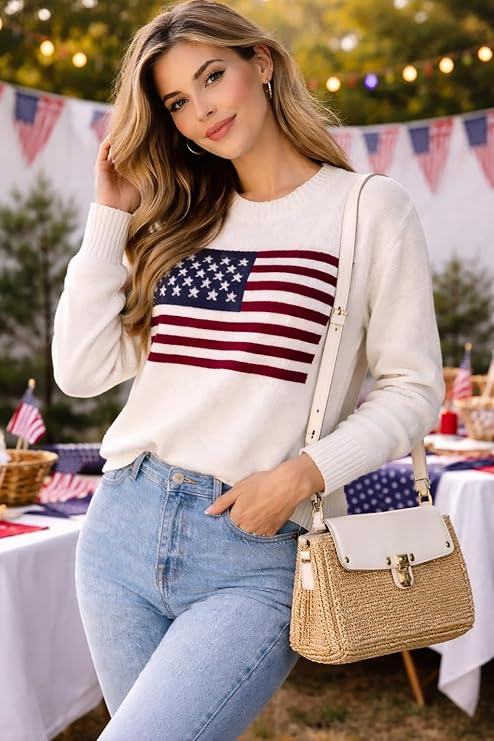 Knit Women's American Flag Pattern Long Sleeve Lightweight Round Neck Sweater Casual Loose Pullover Sweater