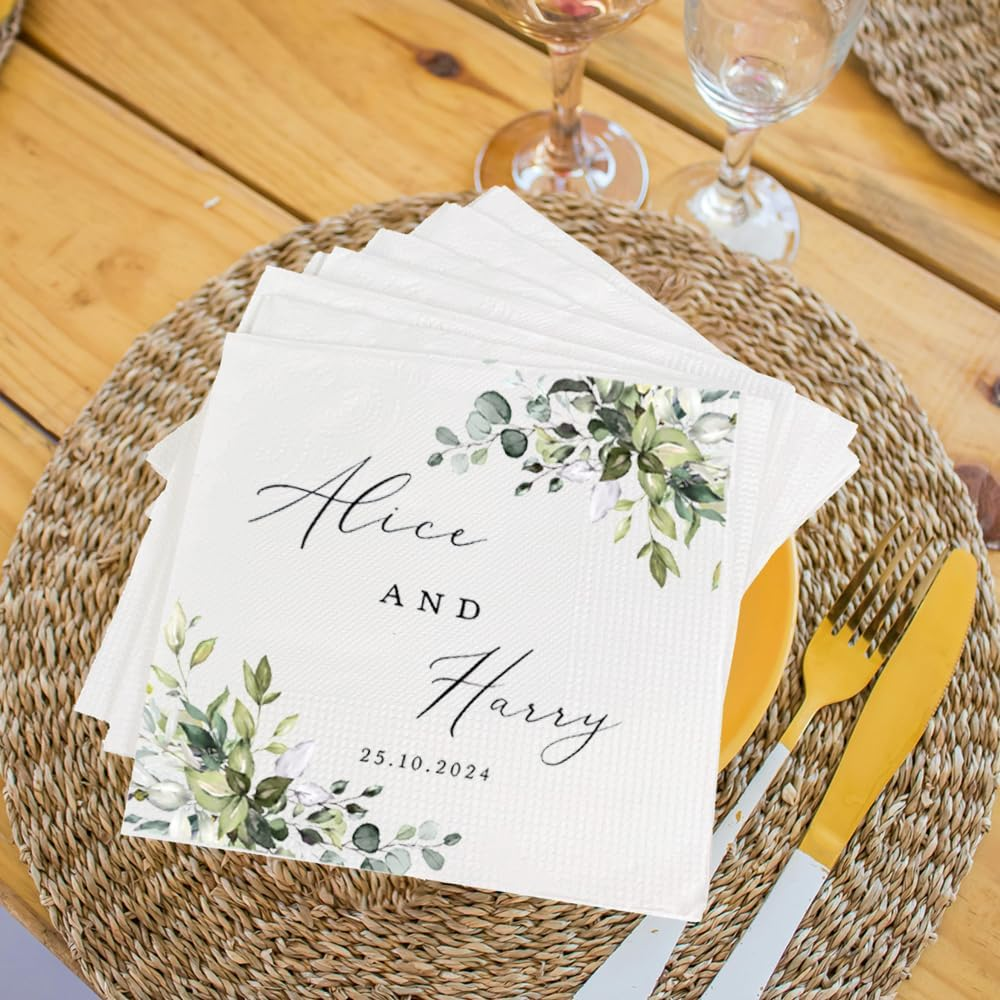 Personalized Wedding Cocktail Napkins – Custom Floral Name Elegant Bride & Groom Decor
