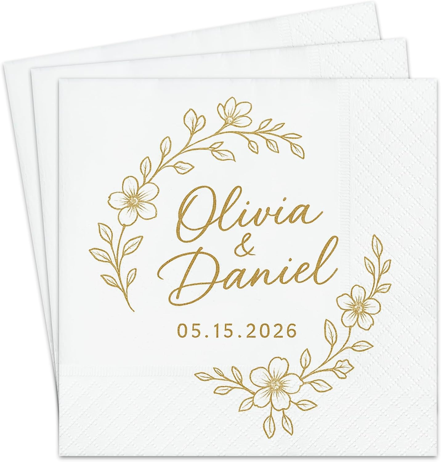 Personalized Gold Floral Wedding Napkins – Custom Name Elegant Bride & Groom Decor