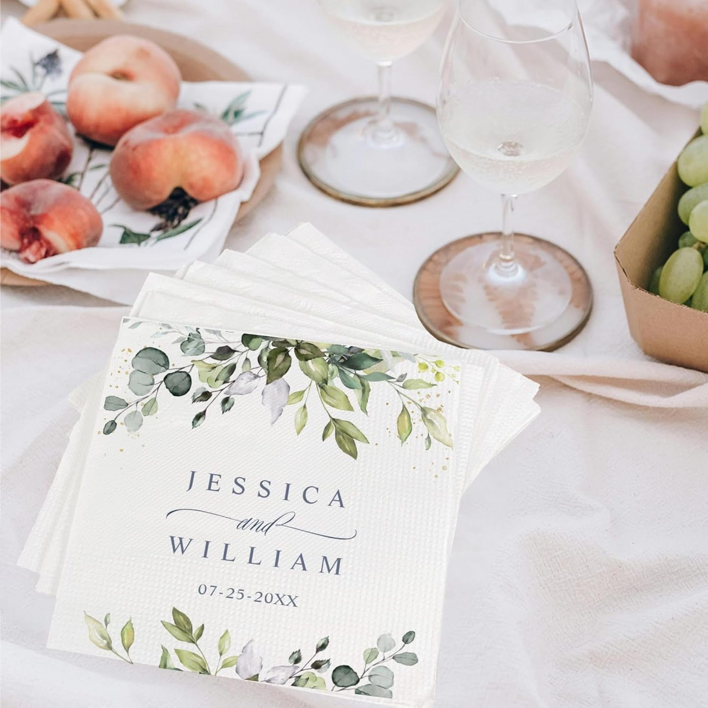 Custom Wedding Napkins Green Leaf Design – Personalized Bride & Groom Elegant Decor
