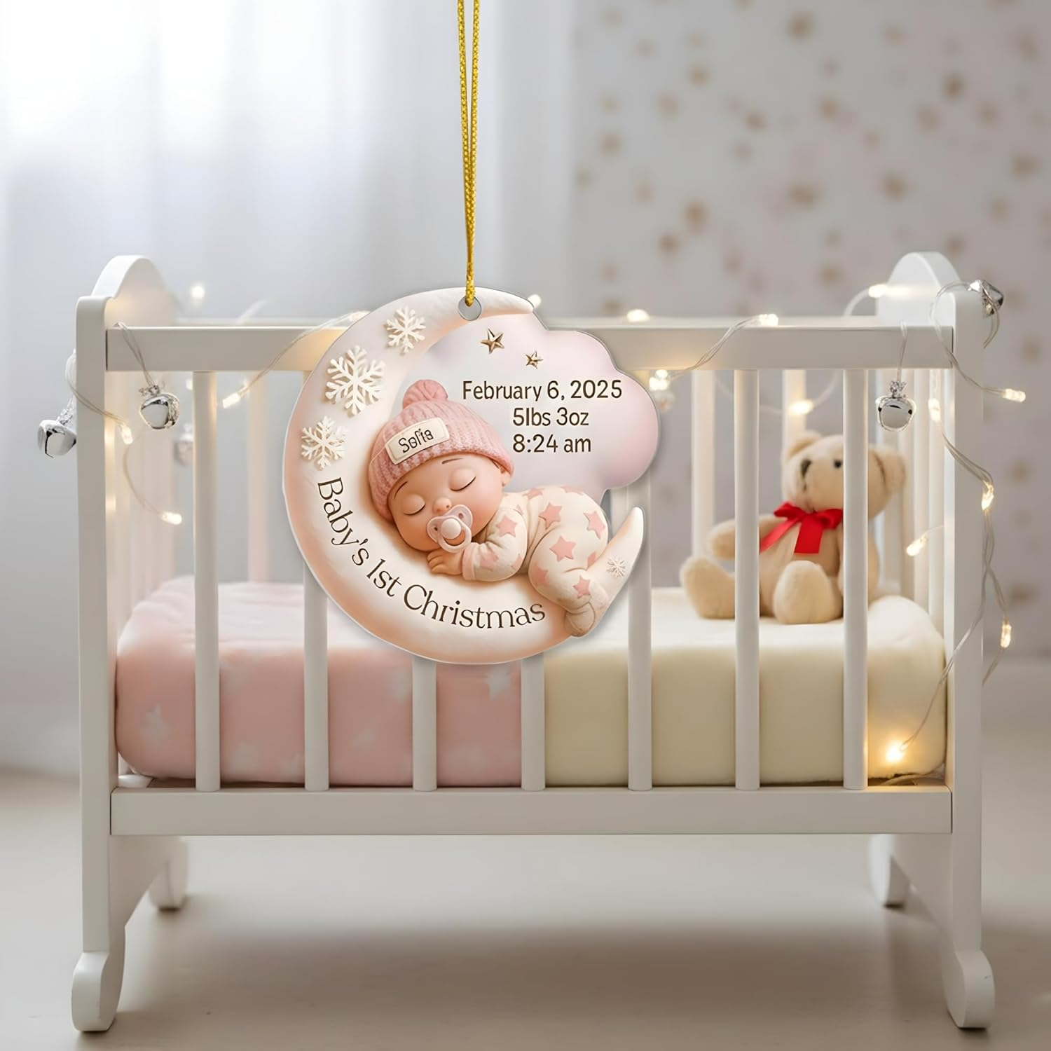 Personalized Baby’s First Christmas Ornament 2025 – Custom Name & Birth Stats Moon Design Keepsake Ornament