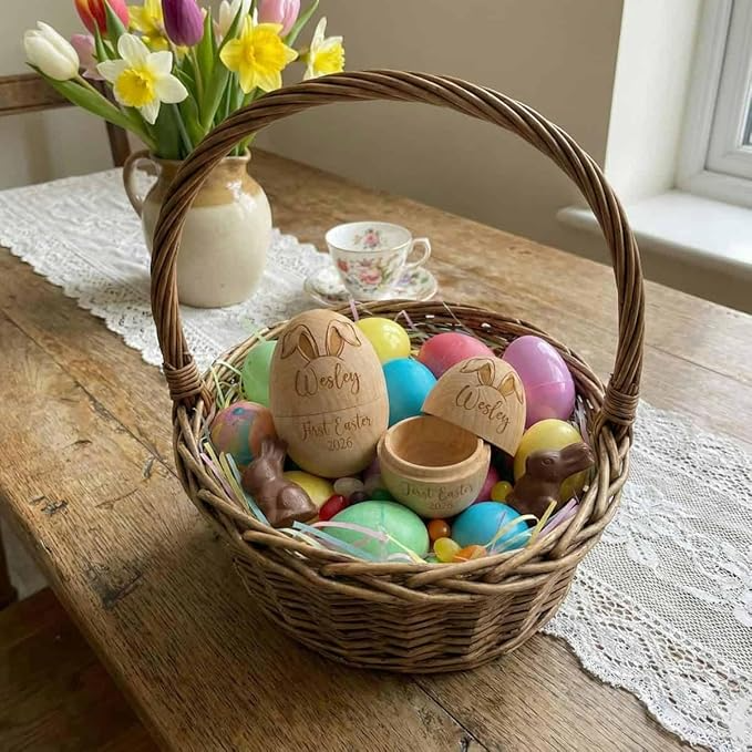 Personalized Engraved Name & Initial Bunnies Wooden Easter Egg, Basket Stuffer, Farmhouse Spring Tabletop Decor, Easter Gift for Kids