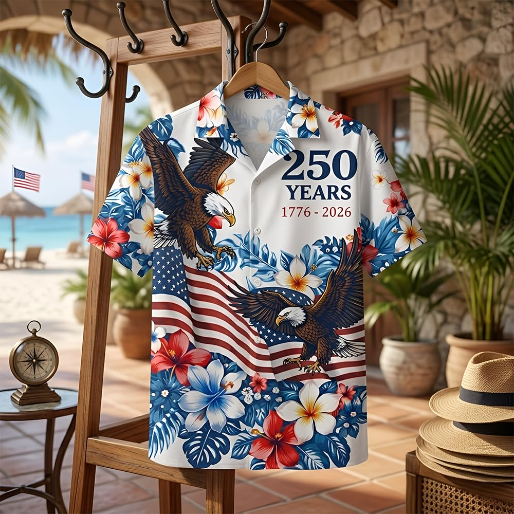 USA 250th Anniversary Hawaiian Shirt, Patriotic Eagle & Statue of Liberty 250 Years of Freedom Gift for Men V4