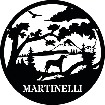 Dog in Mountains Personalized Metal Wall Sign, Dog Lover Metal Wall Art Customized with Your Last Name