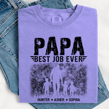 Papa Best Job Ever Shirt - Comfort Colors Custom Kids Names Tee - Father's Day Gift for Grandpa