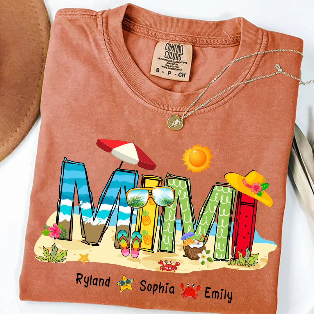 Custom Beach Mimi Shirt – Personalized Grandma T-Shirt with Grandkids Names