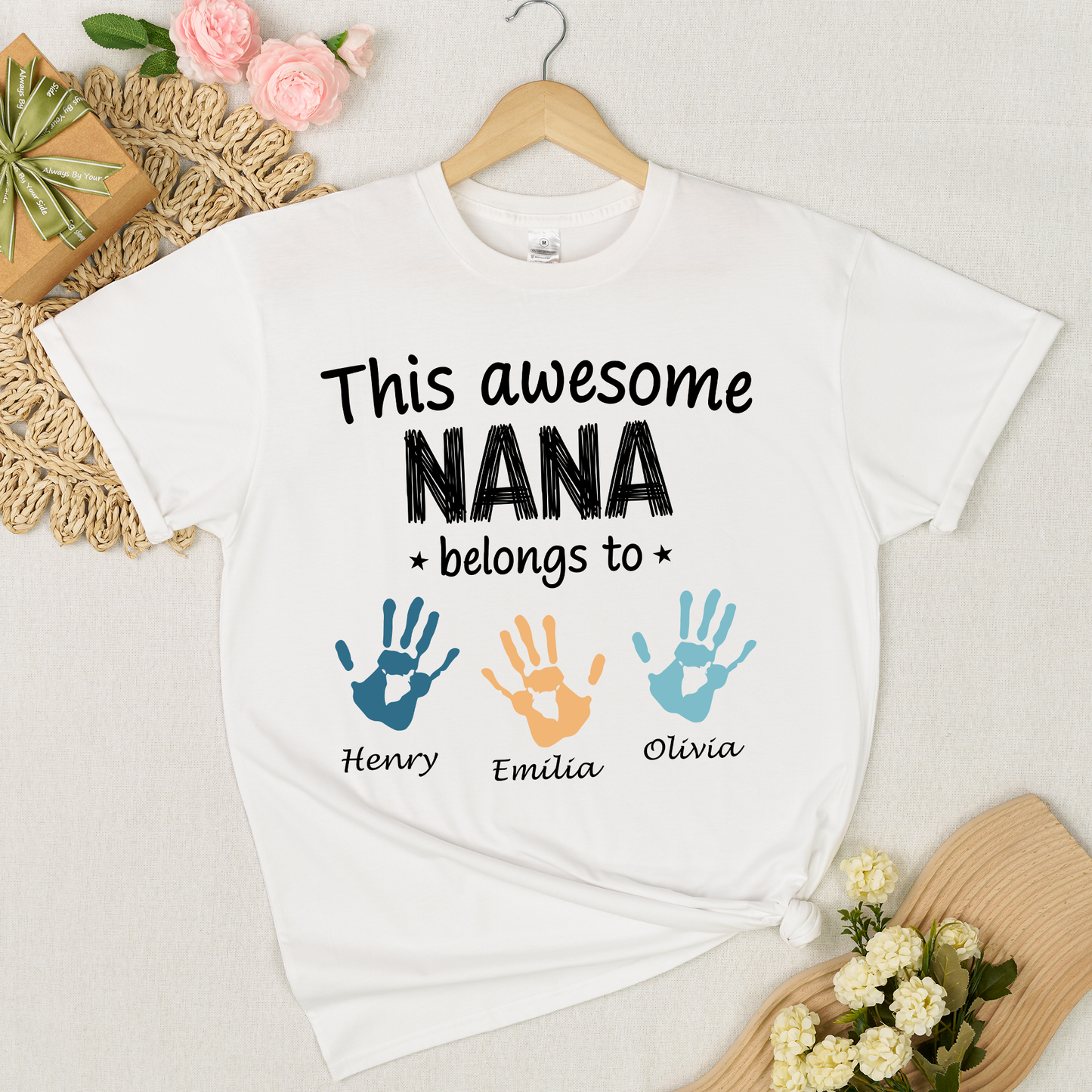 Personalized Nana Shirt with Kids Names & Handprints, Custom Grandma T Shirt, This Awesome Nana Belongs To, Gift for Nana from Grandkids, Family Matching Tee