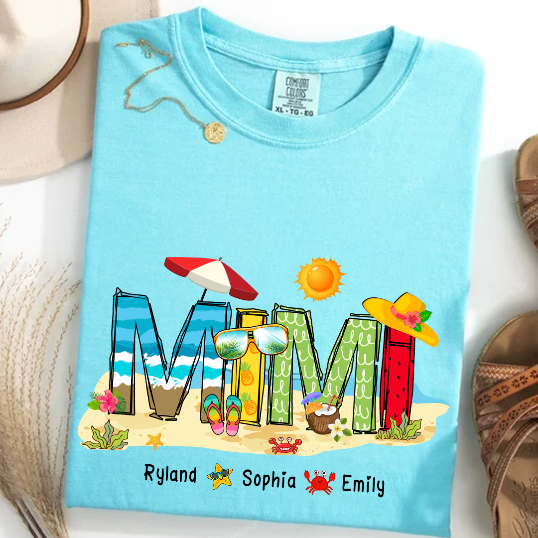 Custom Beach Mimi Shirt – Personalized Grandma T-Shirt with Grandkids Names