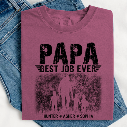 Papa Best Job Ever Shirt - Comfort Colors Custom Kids Names Tee - Father's Day Gift for Grandpa
