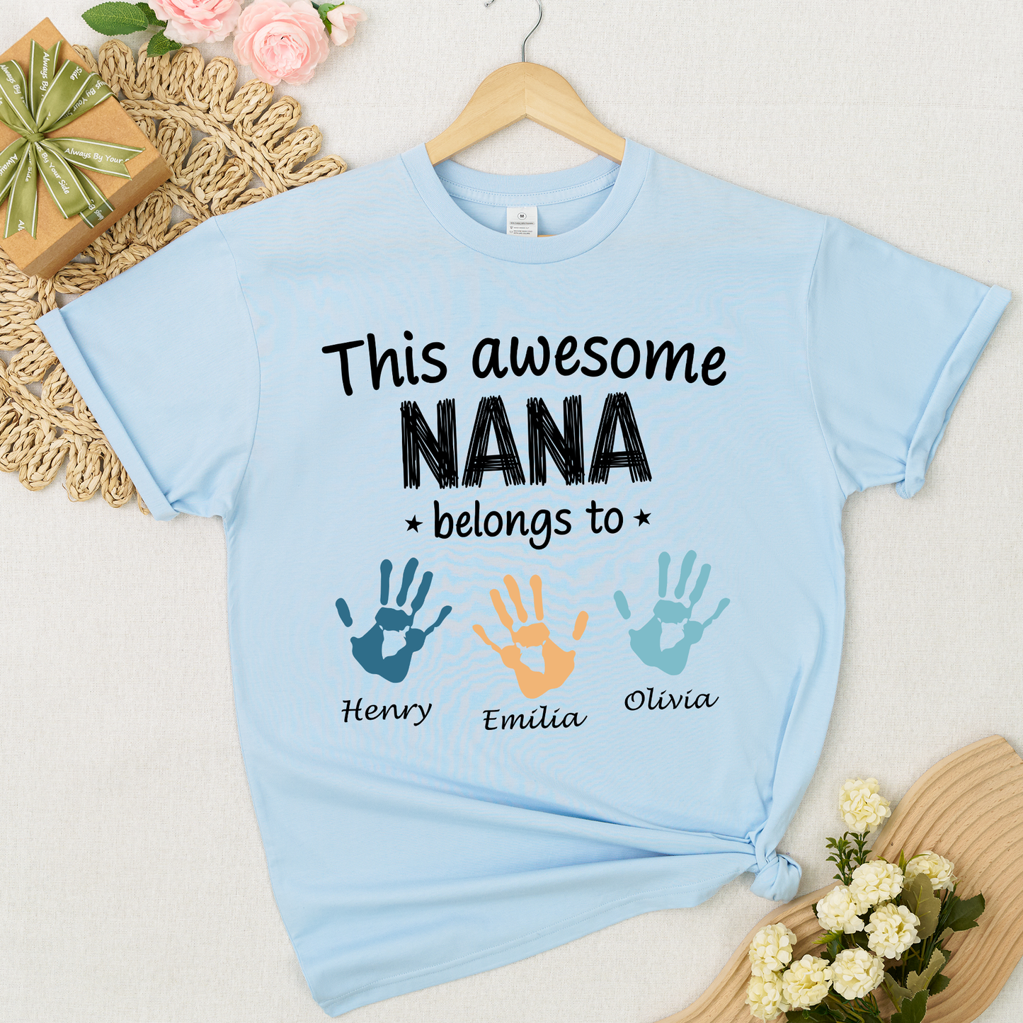 Personalized Nana Shirt with Kids Names & Handprints, Custom Grandma T Shirt, This Awesome Nana Belongs To, Gift for Nana from Grandkids, Family Matching Tee