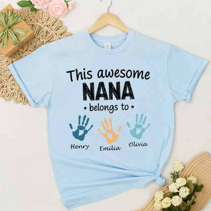 Personalized Nana Shirt with Kids Names & Handprints, Custom Grandma T Shirt, This Awesome Nana Belongs To, Gift for Nana from Grandkids, Family Matching Tee