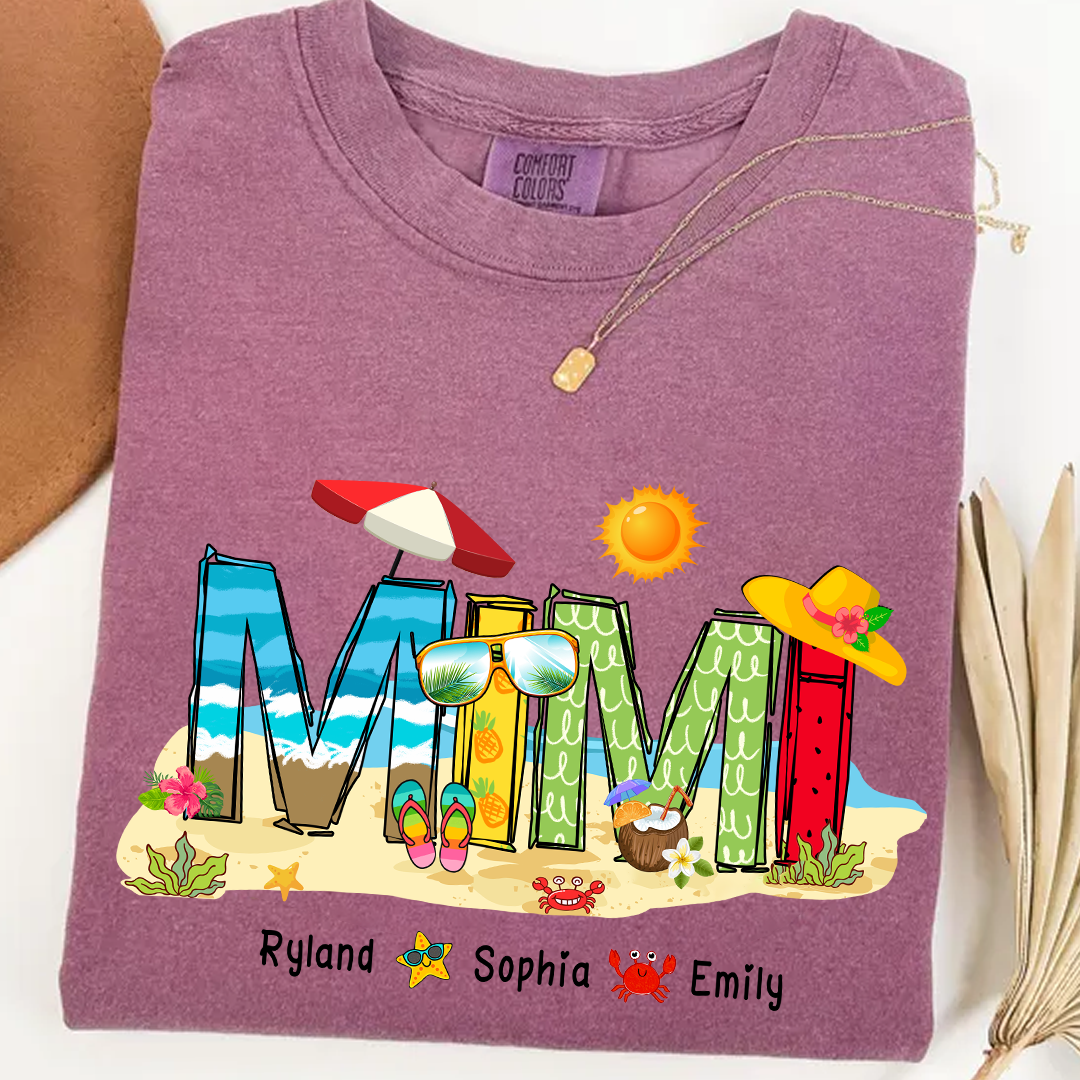 Custom Beach Mimi Shirt – Personalized Grandma T-Shirt with Grandkids Names