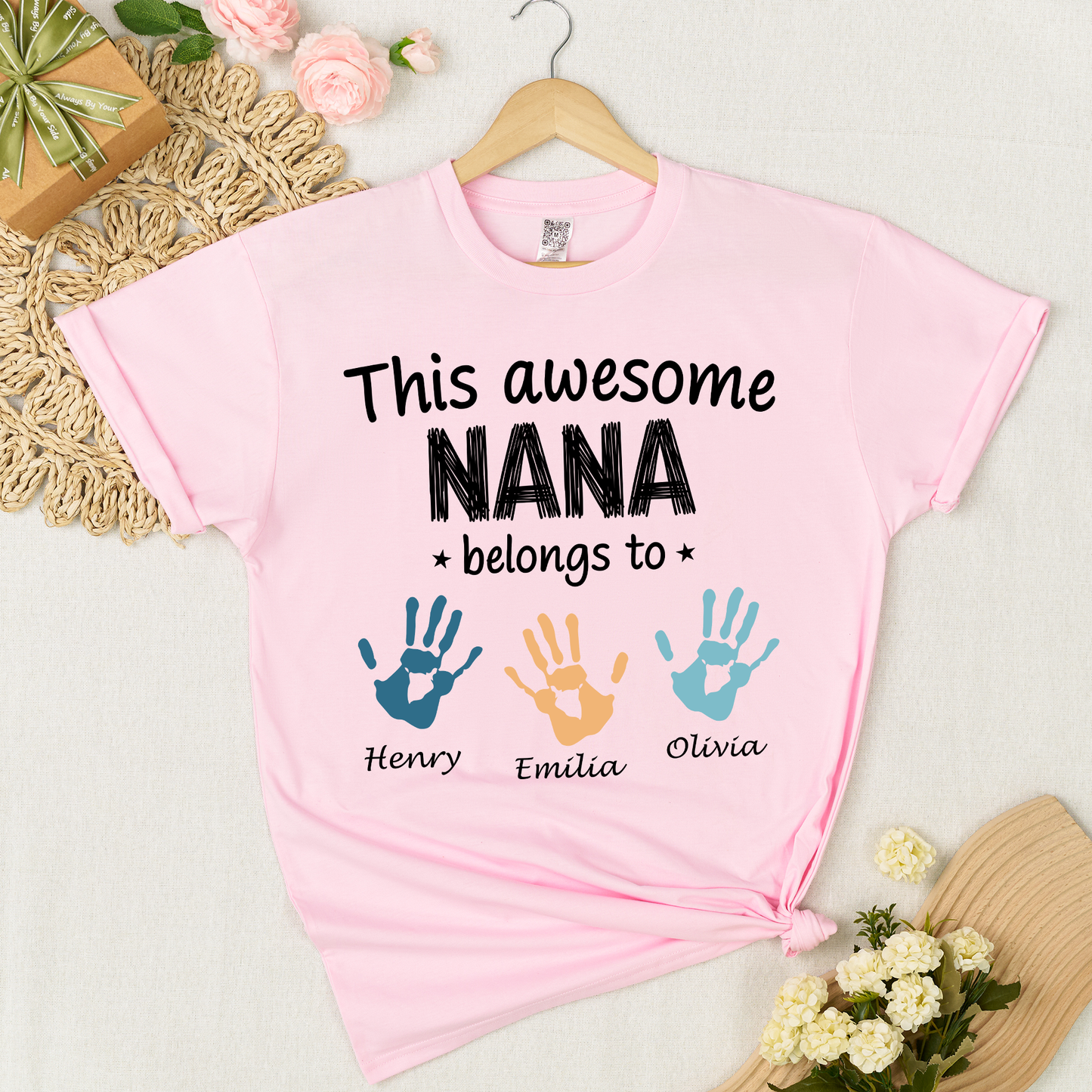 Personalized Nana Shirt with Kids Names & Handprints, Custom Grandma T Shirt, This Awesome Nana Belongs To, Gift for Nana from Grandkids, Family Matching Tee