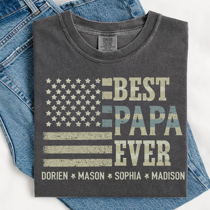 Best Papa Ever American Flag Shirt - Custom Comfort Colors Tee with Kids Names - Father's Day Gift
