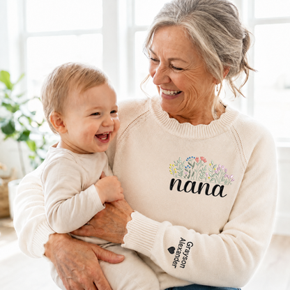 Embroidered Nana Wildflower Knit Sweater, Personalized Puff Sleeve Crewneck, Custom Sleeve Personalization, Nana Gift