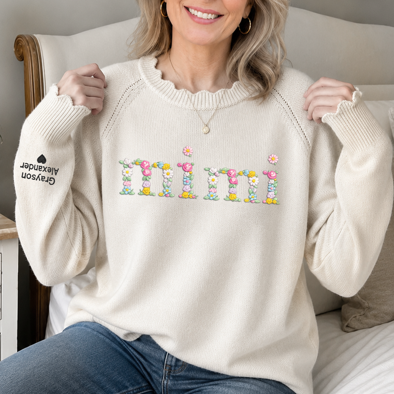 Custom Mimi Floral Embroidered Sweater, Personalized Puff Sleeve Knit Top, Unique Gift for Mimi, Custom Sleeve Text