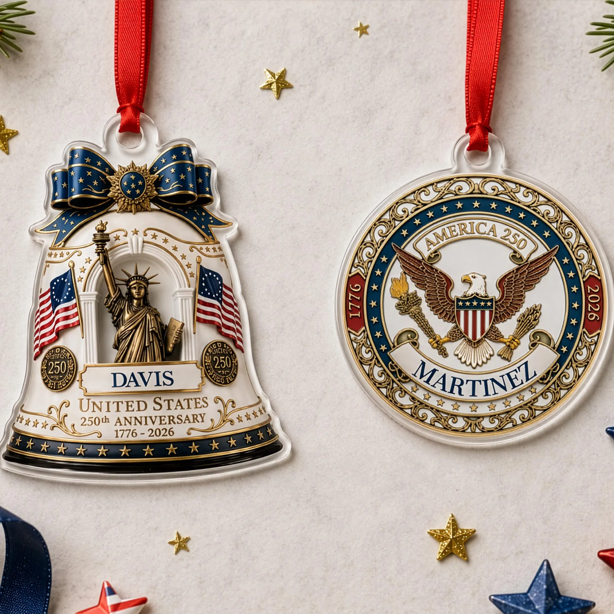 Personalized 250th Anniversary USA Ornament, Custom Family Name Patriotic Acrylic Keepsake, 1776-2026 America Holiday Decor Gift