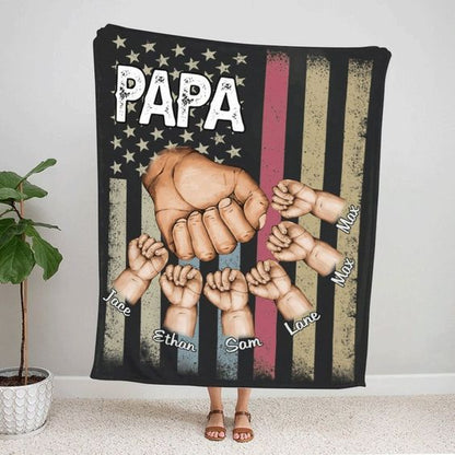 Personalized Papa American Flag Blanket, Papa With Kids Fist Bump Blanket, Custom Father's Day Blanket