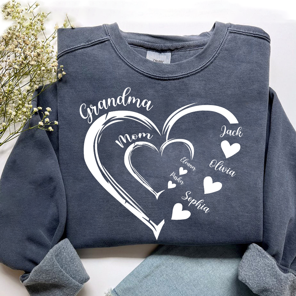 Personalized Generations Heart Sweatshirt – Grandma & Mom Custom Names – Double Heart Family Christmas Gift