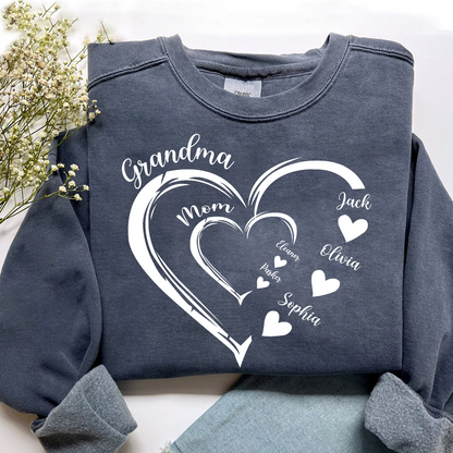 Personalized Generations Heart Sweatshirt – Grandma & Mom Custom Names – Double Heart Family Christmas Gift