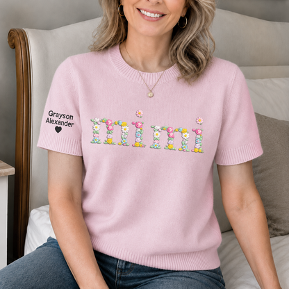 Custom Mimi Floral Embroidered Sweater, Personalized Puff Sleeve Knit Top, Unique Gift for Mimi, Custom Sleeve Text