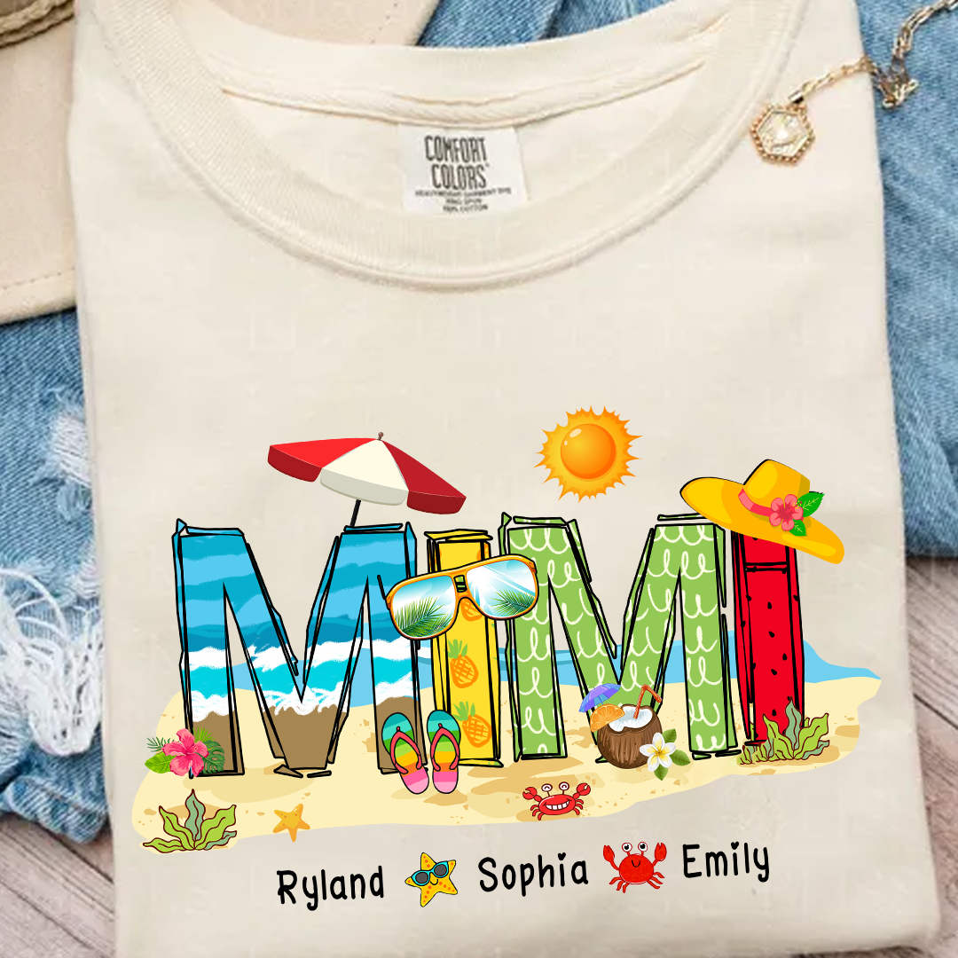 Custom Beach Mimi Shirt – Personalized Grandma T-Shirt with Grandkids Names