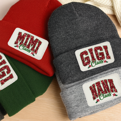 Personalized Gigi Claus Christmas Beanie, Custom Name Patch Knit Hat for Grandma, Holiday Gift for Gigi, Embroidered Winter Hat