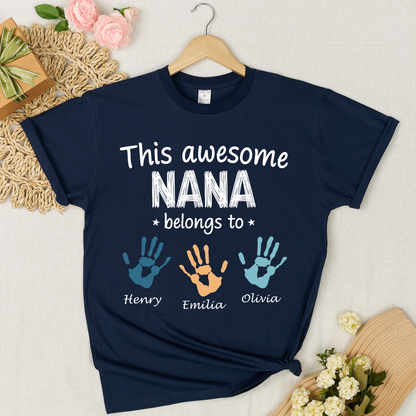Personalized Nana Shirt with Kids Names & Handprints, Custom Grandma T Shirt, This Awesome Nana Belongs To, Gift for Nana from Grandkids, Family Matching Tee
