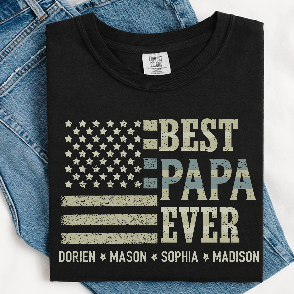 Best Papa Ever American Flag Shirt - Custom Comfort Colors Tee with Kids Names - Father's Day Gift