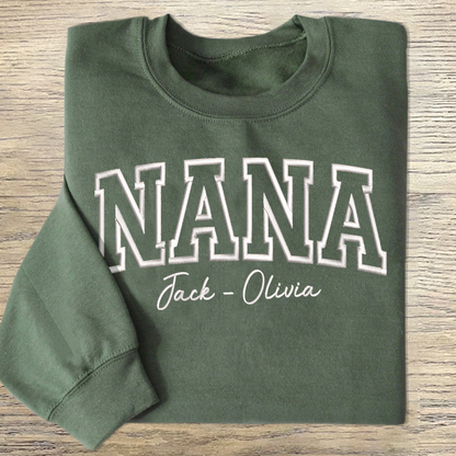 Custom Embroidered Nana With Grandkids Name on Sleeve Sweatshirt, Personalized Grandma Sweatshirt, Mothers Day Gift for Mom Grandma Mimi Nana Gigi Gaga