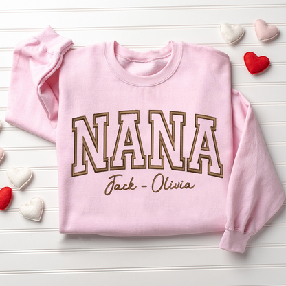 Custom Embroidered Nana With Grandkids Name on Sleeve Sweatshirt, Personalized Grandma Sweatshirt, Mothers Day Gift for Mom Grandma Mimi Nana Gigi Gaga
