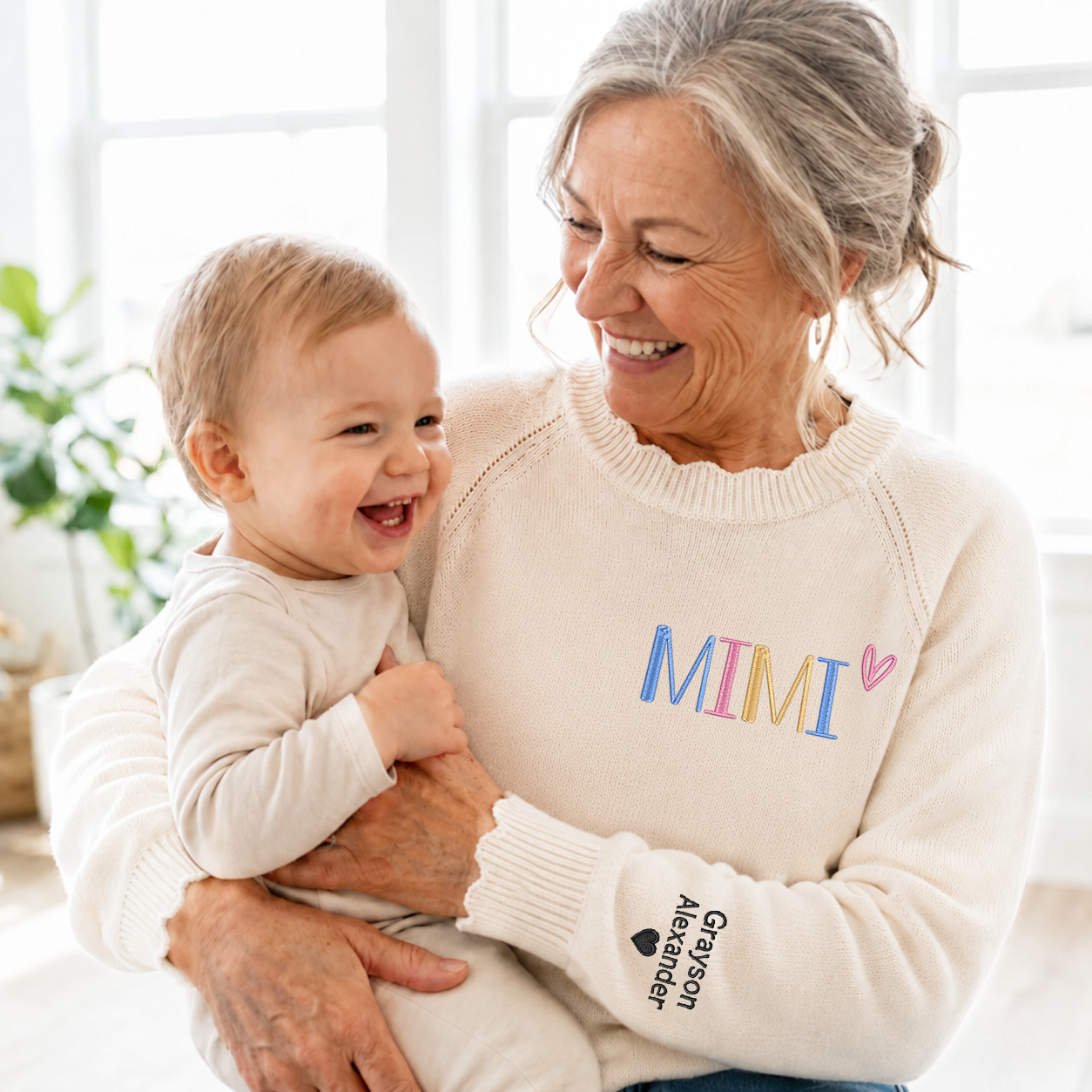 Embroidered Mimi Knit Sweater, Personalized Crewneck, Custom Sleeve Names and Heart, Grandma Gift Ideas