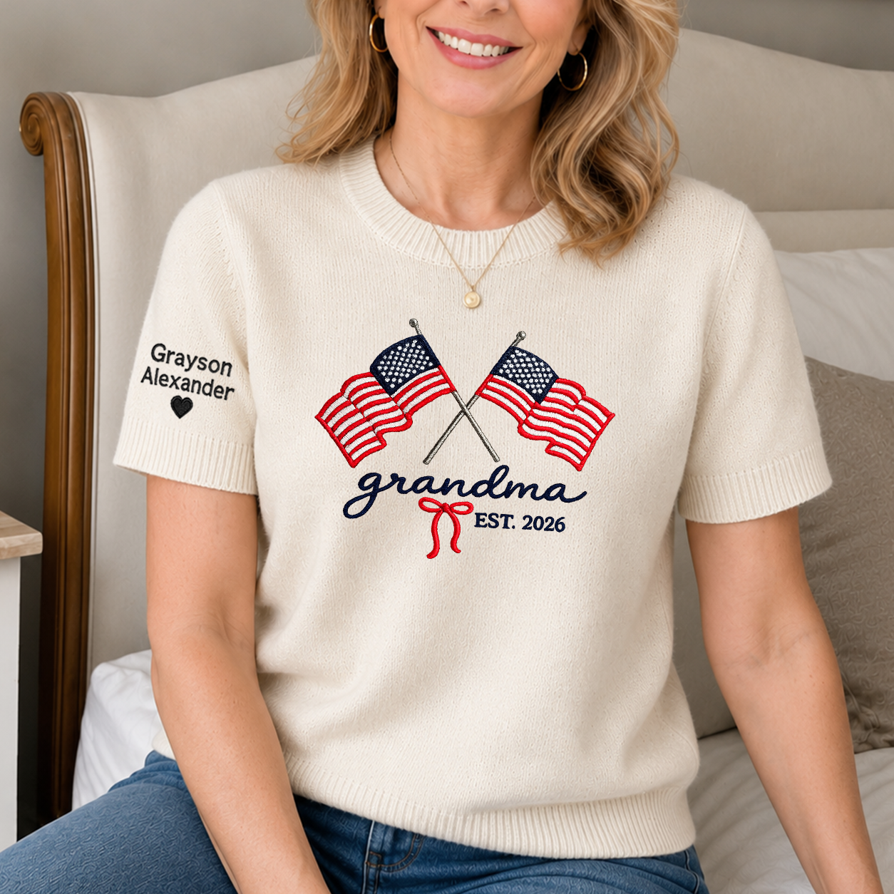 Embroidered Grandma American Flag Knit Sweater, Personalized Crewneck, Custom Sleeve Name, Est 2026 Grandma Gift