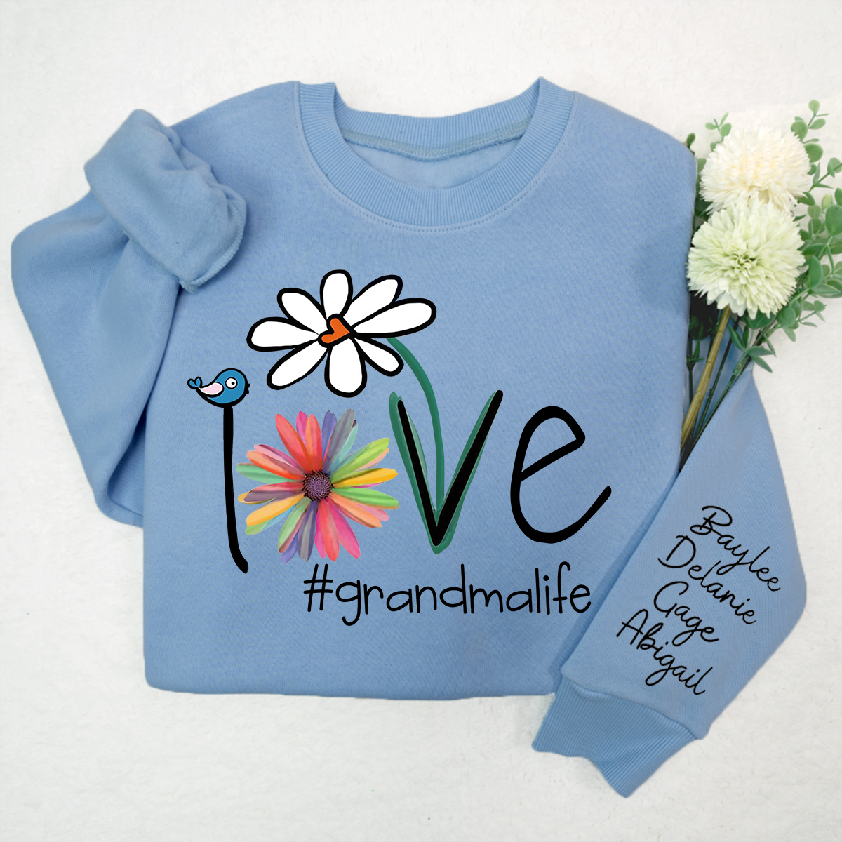 Flower Love Grandma Life Sweatshirt, Custom Nickname And Grandkids Xmas Sweatshirt