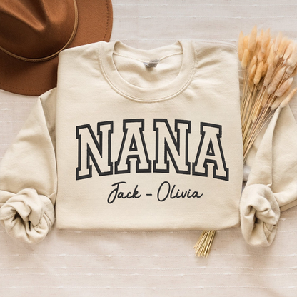 Custom Embroidered Nana With Grandkids Name on Sleeve Sweatshirt, Personalized Grandma Sweatshirt, Mothers Day Gift for Mom Grandma Mimi Nana Gigi Gaga