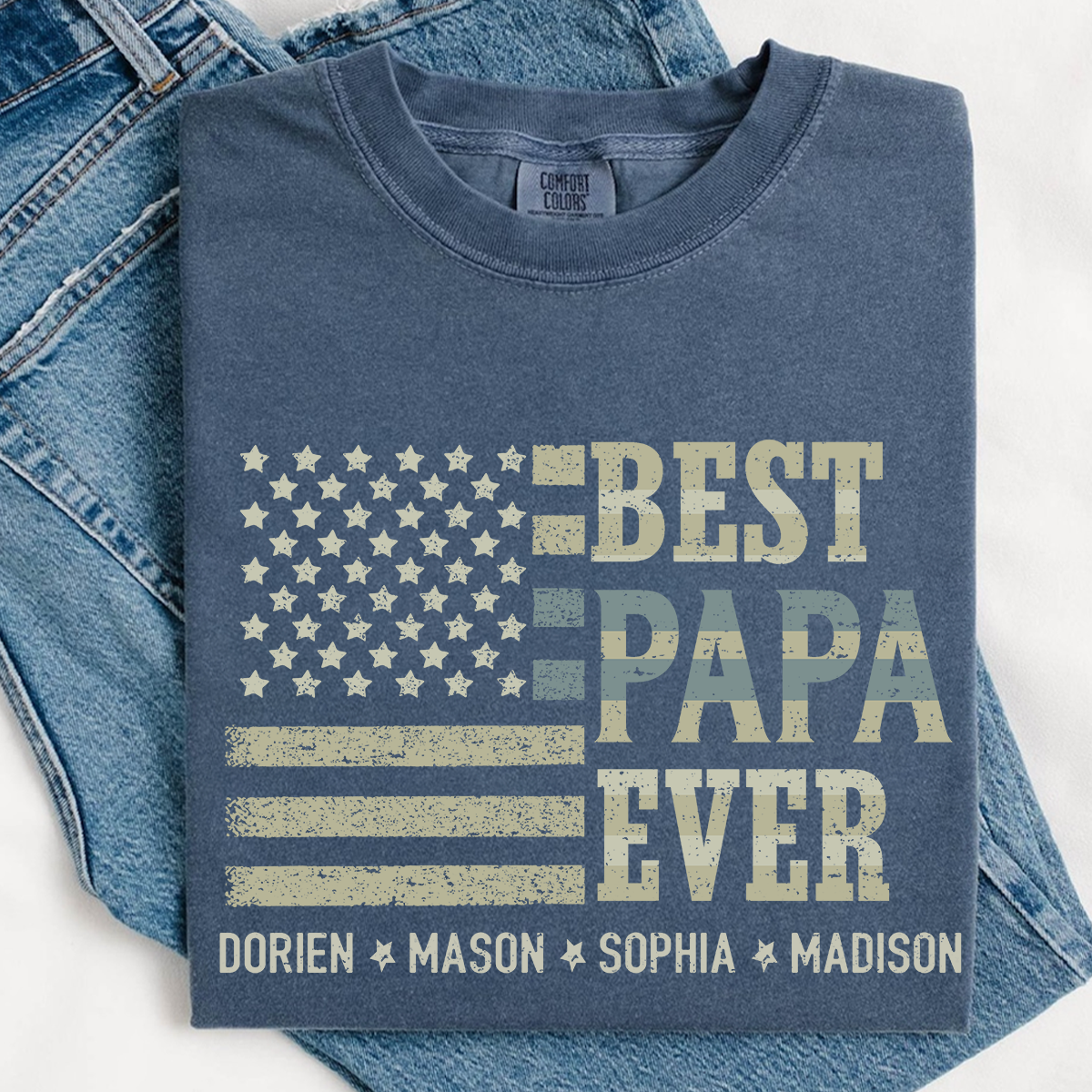 Best Papa Ever American Flag Shirt - Custom Comfort Colors Tee with Kids Names - Father's Day Gift