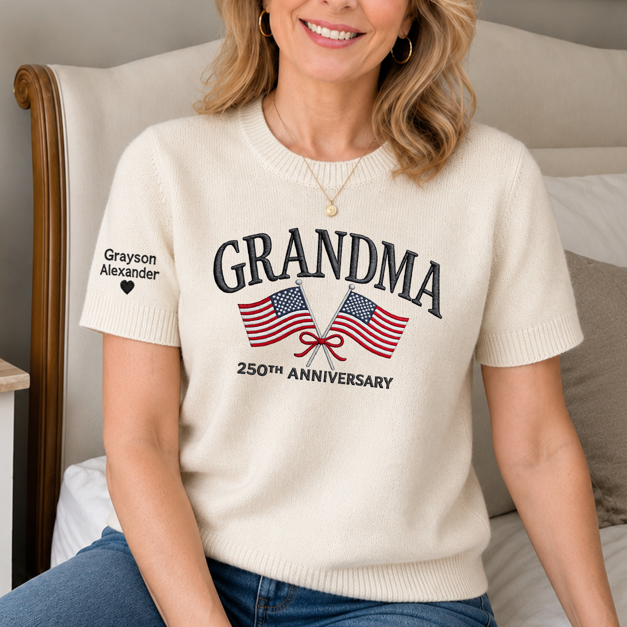 Custom Embroidered Grandma 250th Anniversary Knit Sweater, Personalized US Flag Crewneck, Custom Sleeve Names, Patriotic Grandma Gift