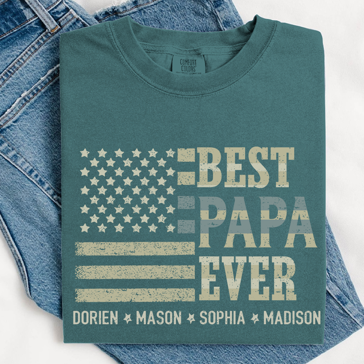 Best Papa Ever American Flag Shirt - Custom Comfort Colors Tee with Kids Names - Father's Day Gift