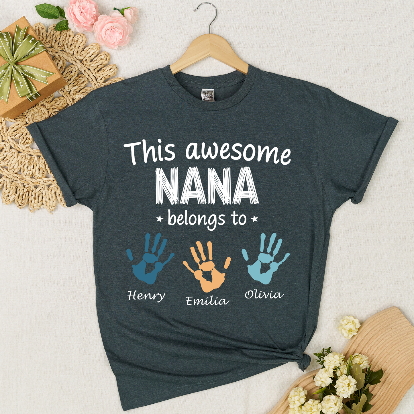 Personalized Nana Shirt with Kids Names & Handprints, Custom Grandma T Shirt, This Awesome Nana Belongs To, Gift for Nana from Grandkids, Family Matching Tee