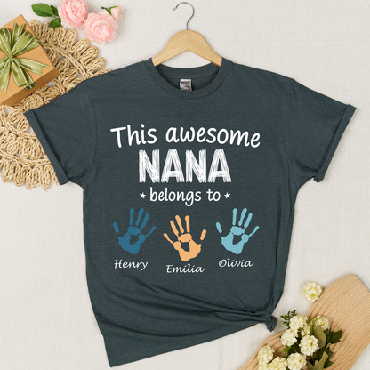 Personalized Nana Shirt with Kids Names & Handprints, Custom Grandma T Shirt, This Awesome Nana Belongs To, Gift for Nana from Grandkids, Family Matching Tee