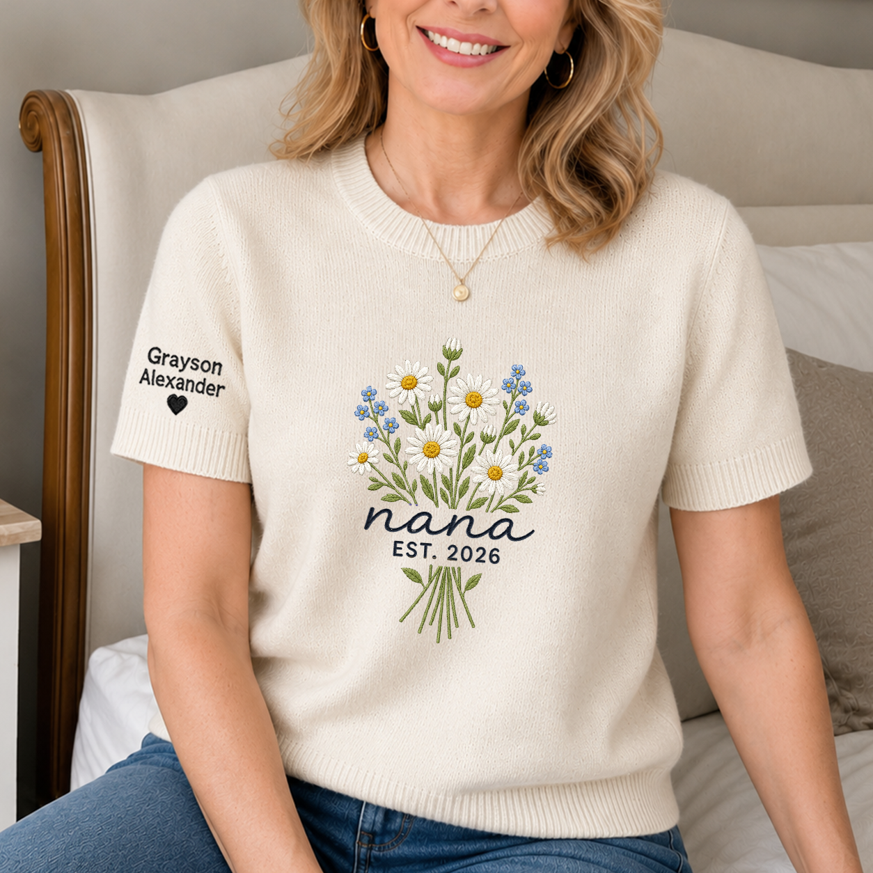 Custom Embroidered Knit Nana Sweater – Personalized Floral EST. 2026 Crewneck with Sleeve Name