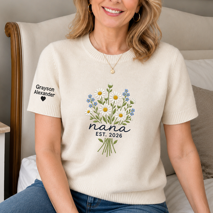 Custom Embroidered Knit Nana Sweater – Personalized Floral EST. 2026 Crewneck with Sleeve Name